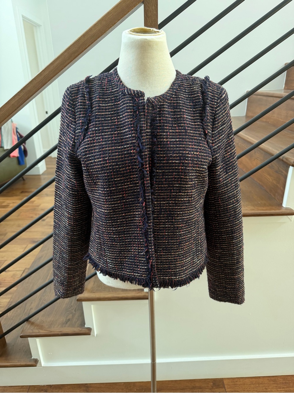 Banana Republic Classic Navy Tweed Fringe Cropped Jacket